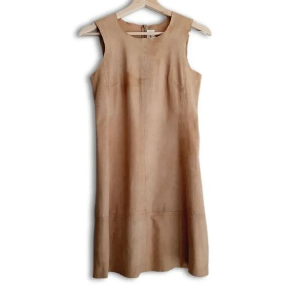 JILL STUART Genuine Suede Leather Mini Sheath Dress Tan Sz 0 Flawed - Picture 2 of 16